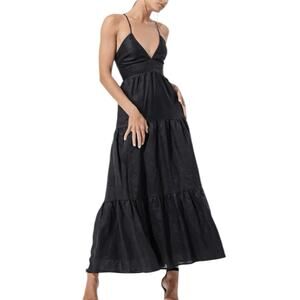 NWT Lusana Maya Linen Maxi Dress Jet Black Tiered Size Small (4)